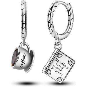 925 Sterling Silver Coffee and Book Drop Dangle Earrings Fashion Hoop Jewelry